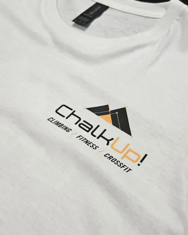 White t-shirt with the ChalkUp! logo in black and orange